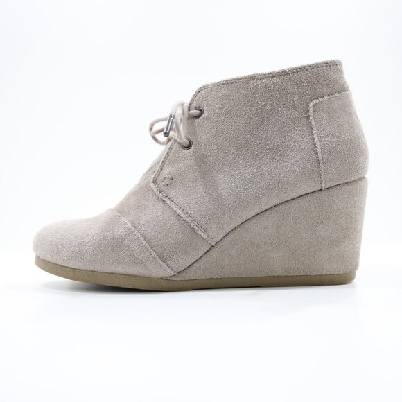 Toms Kala Beige Suede 3" Wedge Heel Lace-Up Booties - 8 - Picture 1 of 7